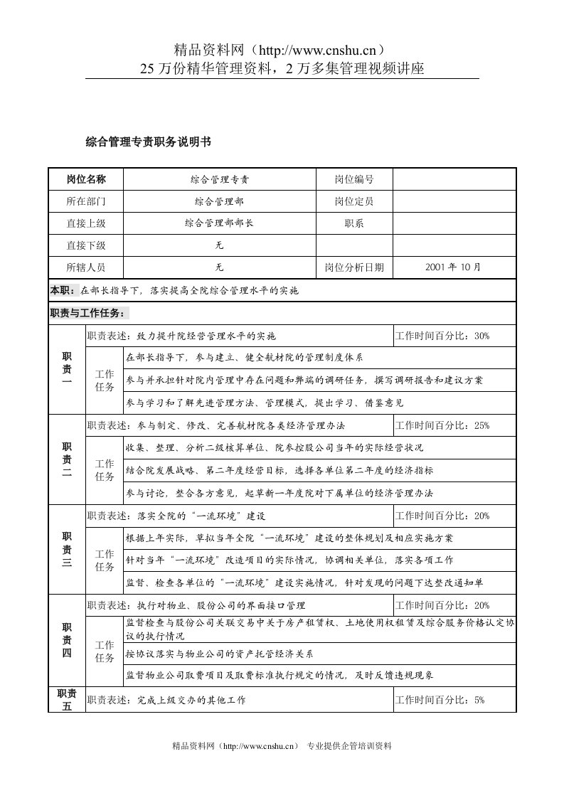 航材院综合管理部综合管理专责职务说明书