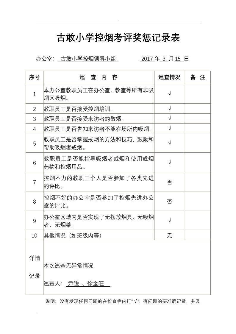 古敢小学控烟考评奖惩记录表