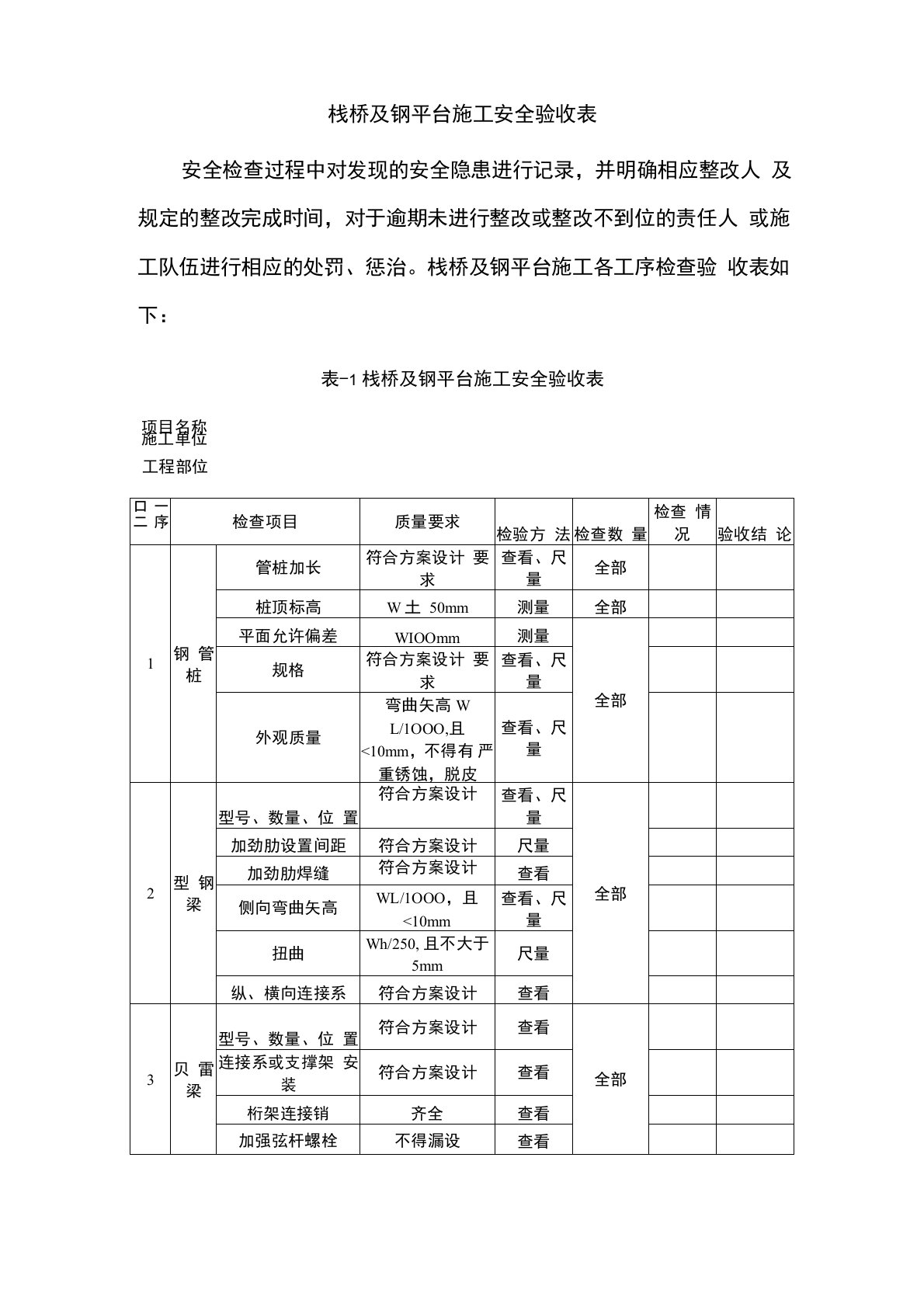 栈桥及钢平台施工安全验收表