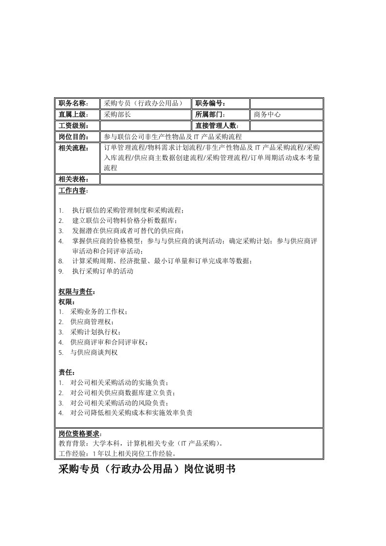 电子行业-联信光电子公司采购专员行政办公用品岗位说明书