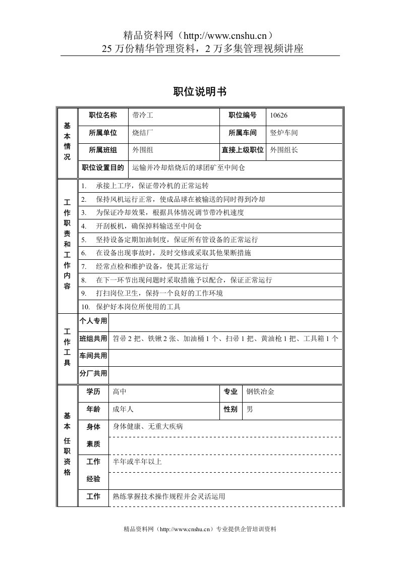 烧结厂竖炉车间外围组带冷工职位说明书