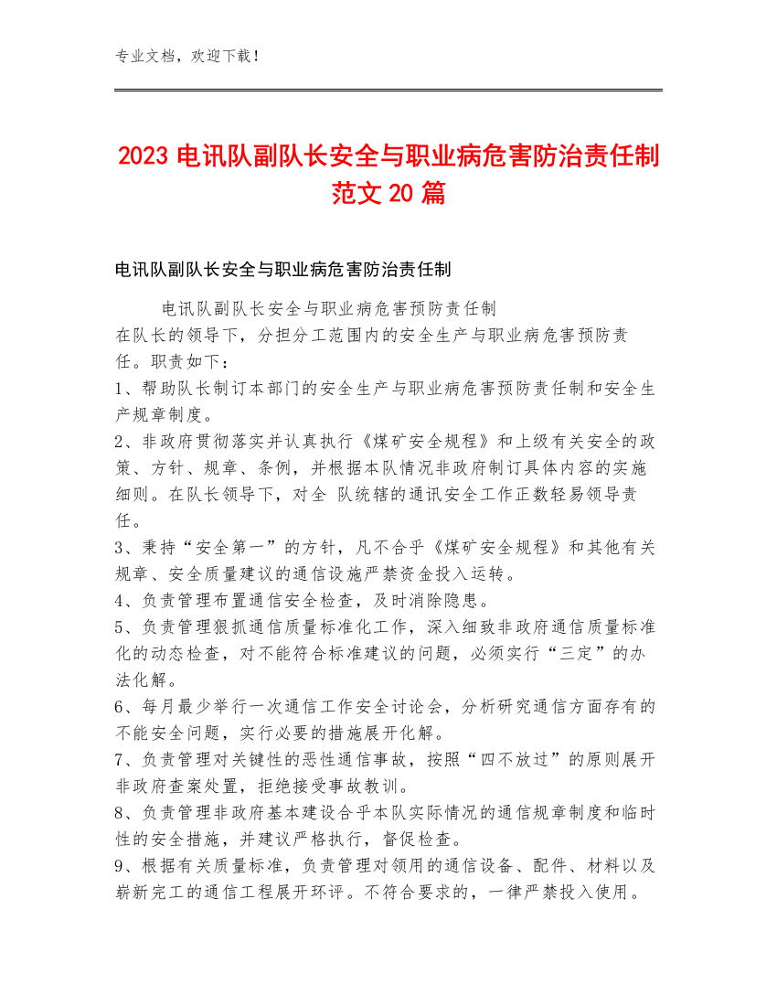 2023电讯队副队长安全与职业病危害防治责任制范文20篇