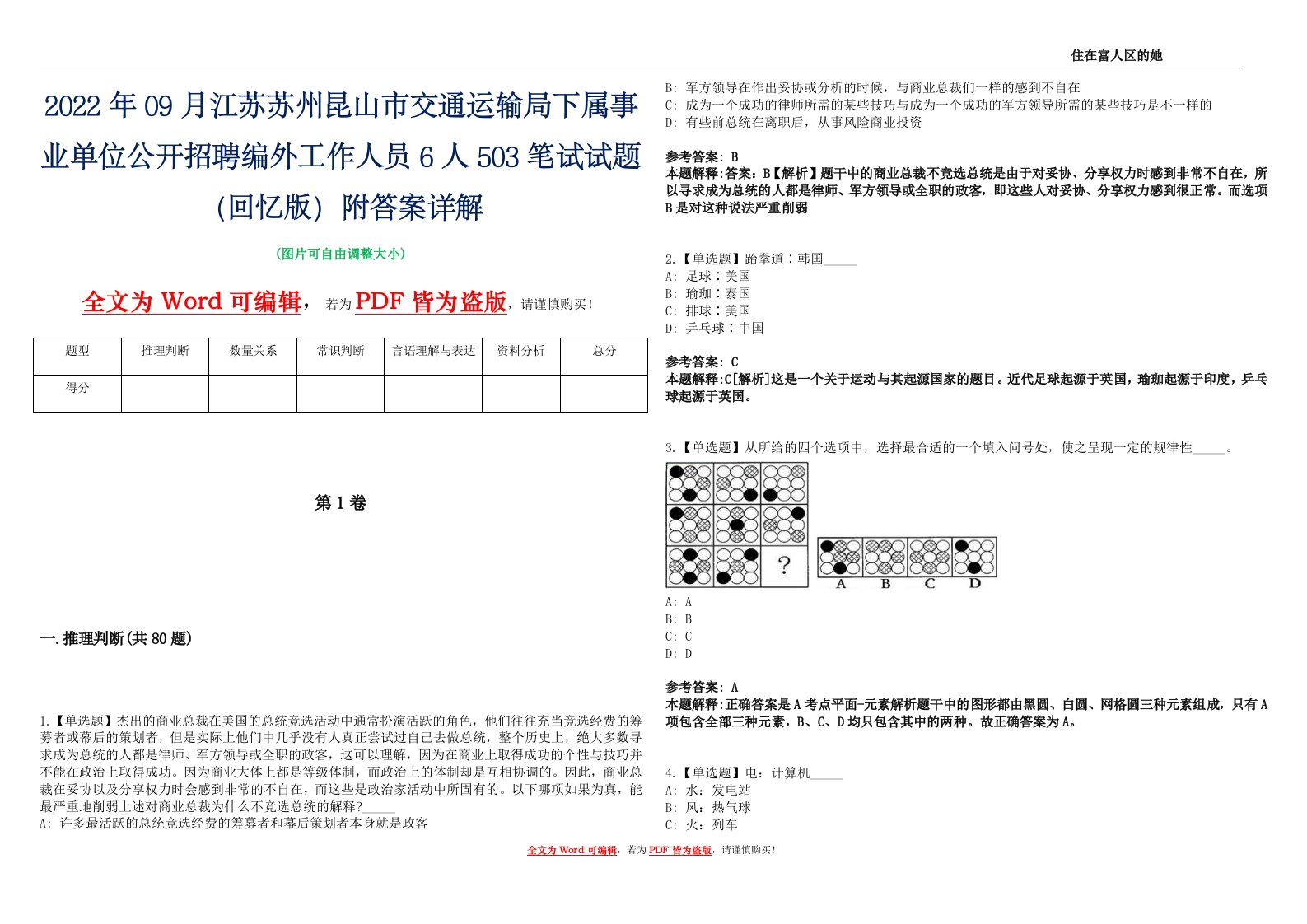 2022年09月江苏苏州昆山市交通运输局下属事业单位公开招聘编外工作人员6人503笔试试题（回忆版）附答案详解