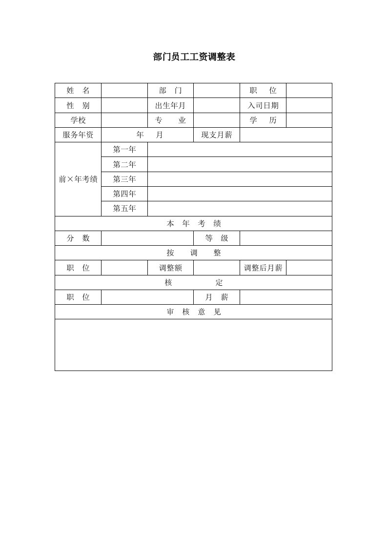 表格模板-部门员工工资调整表