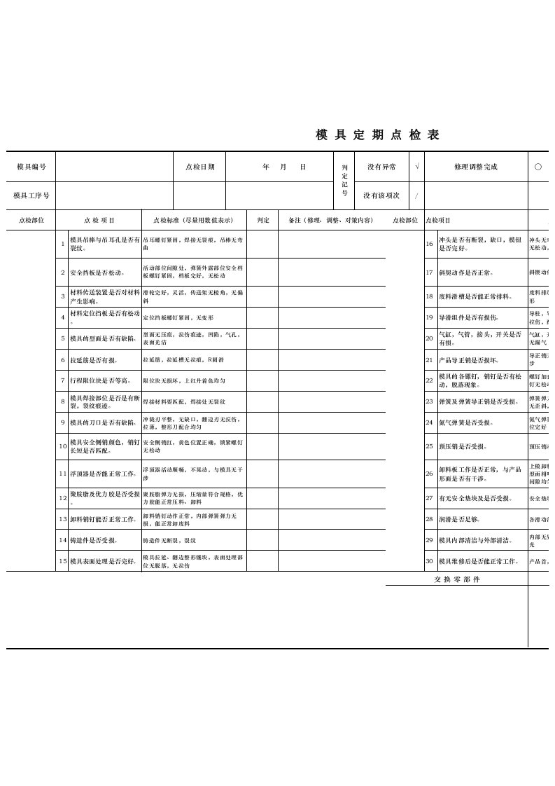 冲压模具定期点检表