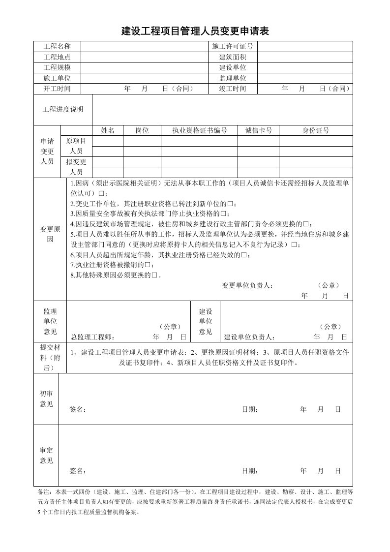 建设工程项目管理人员变更申请表