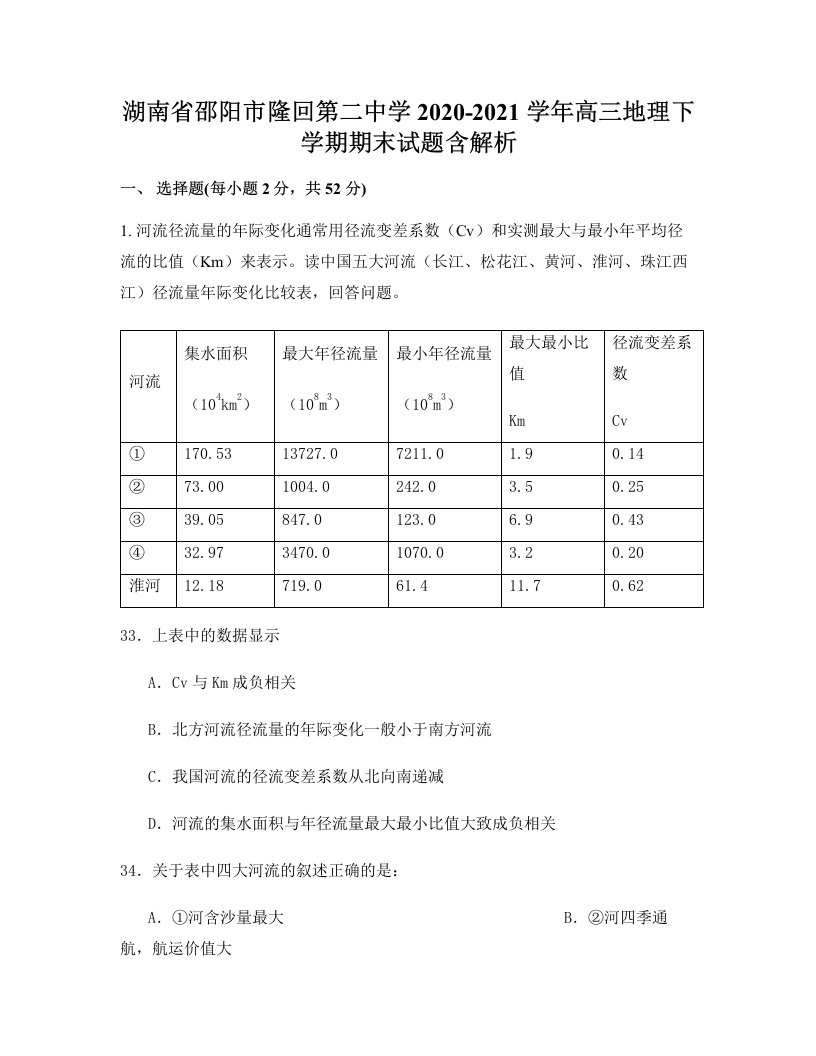 湖南省邵阳市隆回第二中学2020-2021学年高三地理下学期期末试题含解析