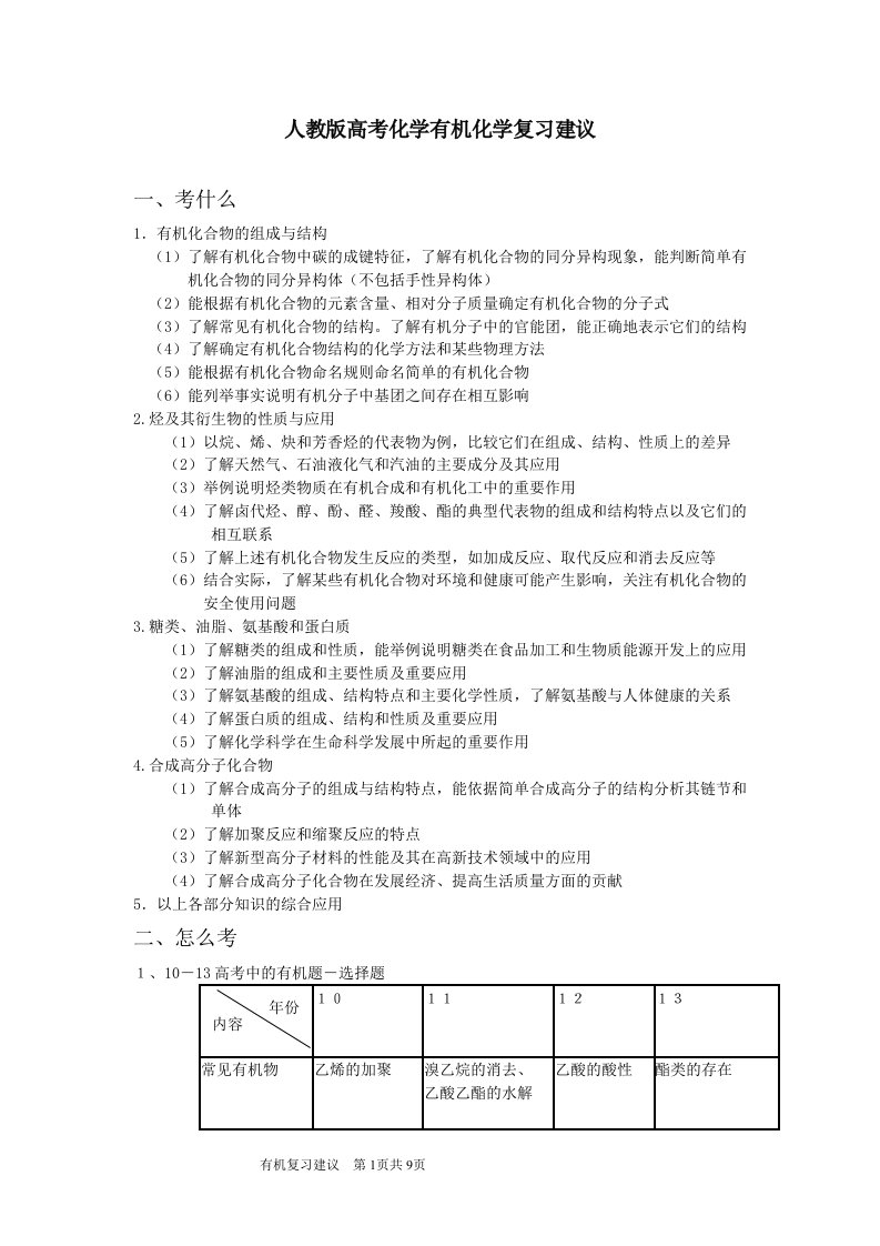 人教版高考化学有机化学复习建议