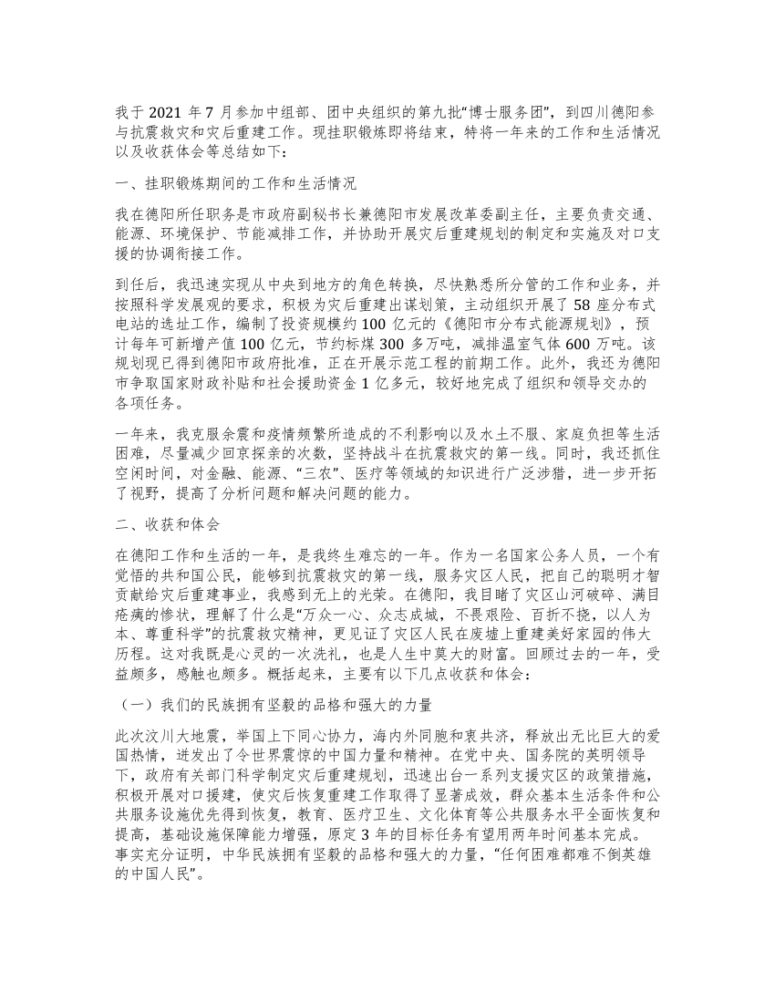 市政府副秘书长挂职锻炼工作总结