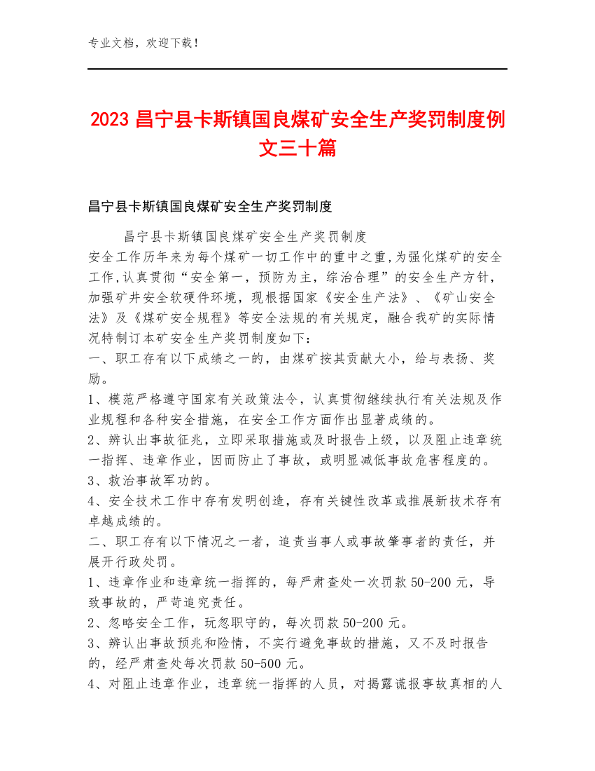 2023昌宁县卡斯镇国良煤矿安全生产奖罚制度例文三十篇