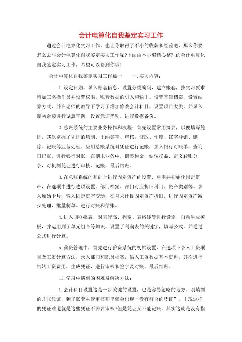 会计电算化自我鉴定实习工作