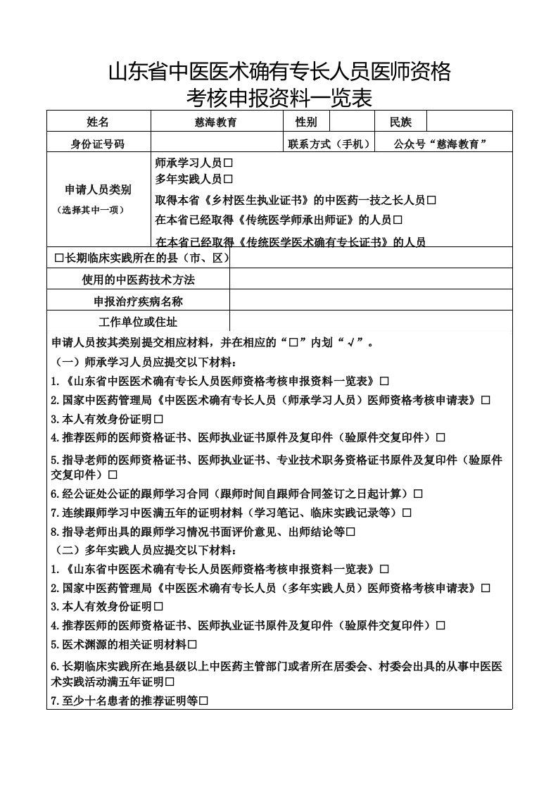 山东省中医医术确有专长人员医师资格考核申报资料一览表