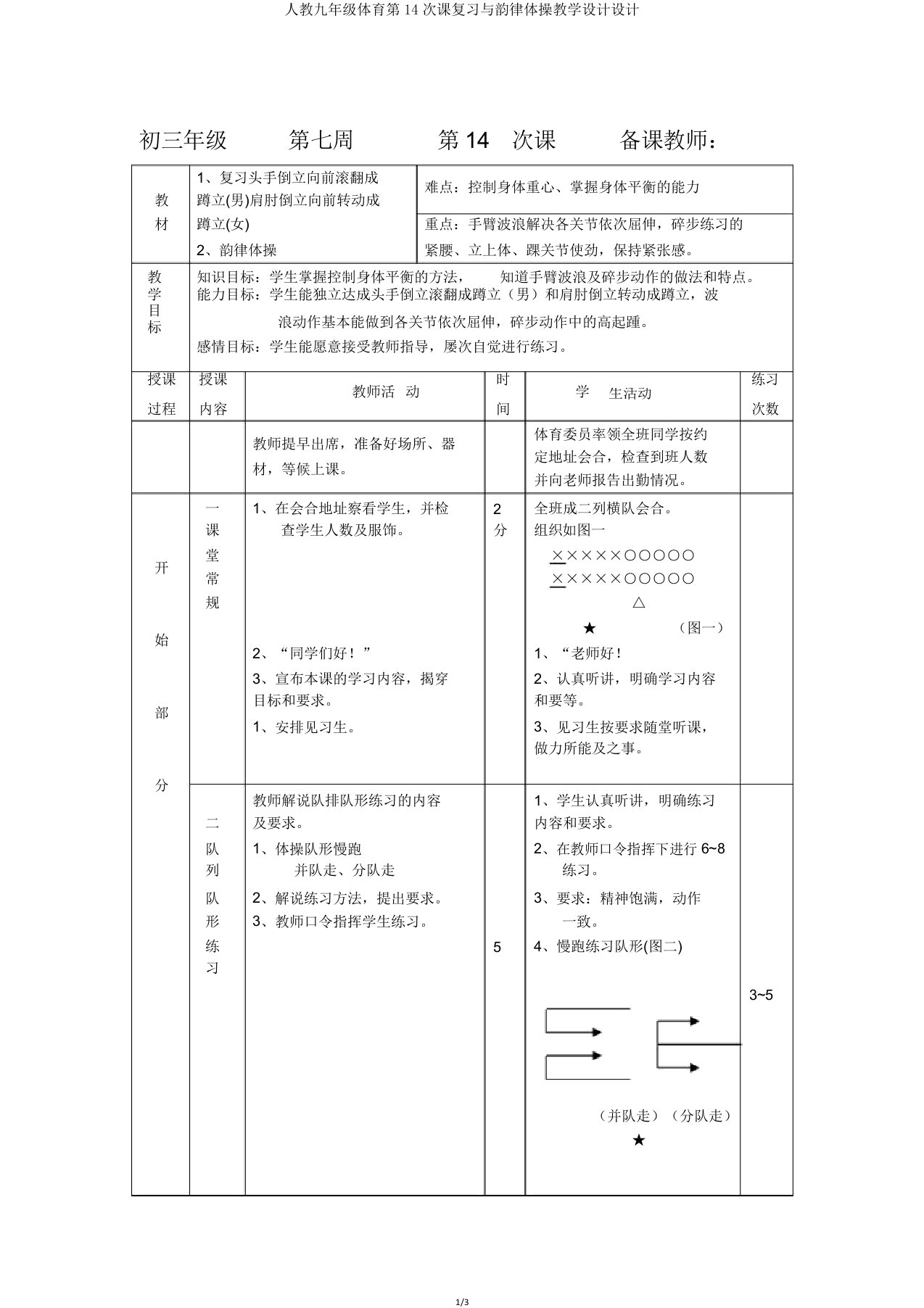 人教九年级体育第14次课复习与韵律体操教案设计