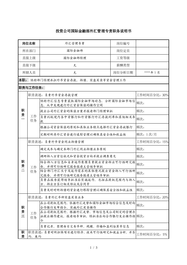 投资公司国际金融部外汇管理专责职务说明书