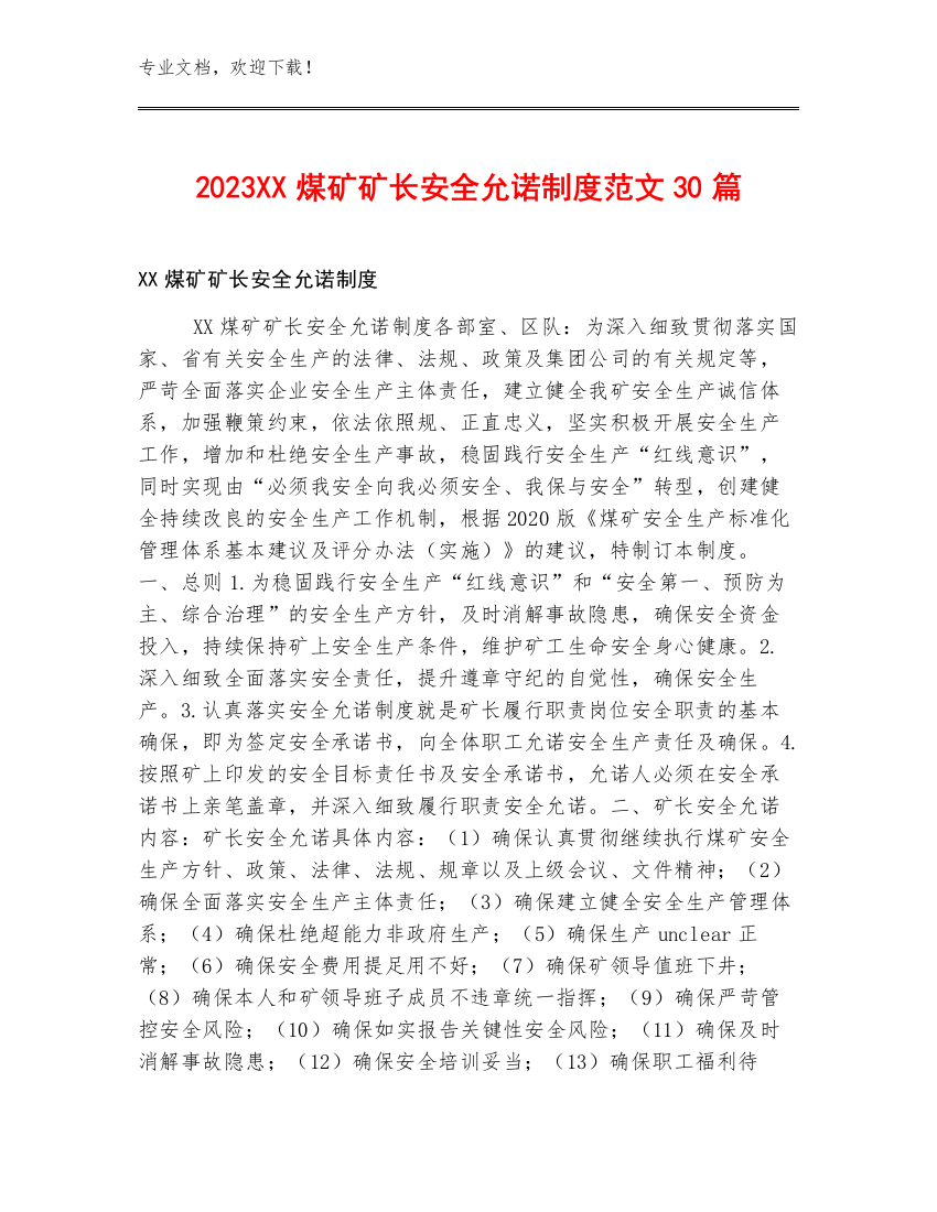 2023XX煤矿矿长安全允诺制度范文30篇