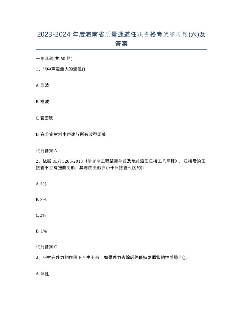 20232024年度海南省质量通道任职资格考试练习题六及答案