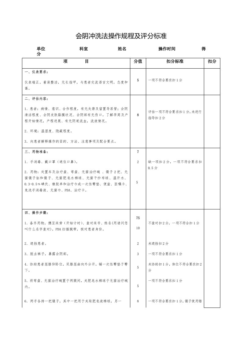 会阴冲洗法操作规程及评分标准