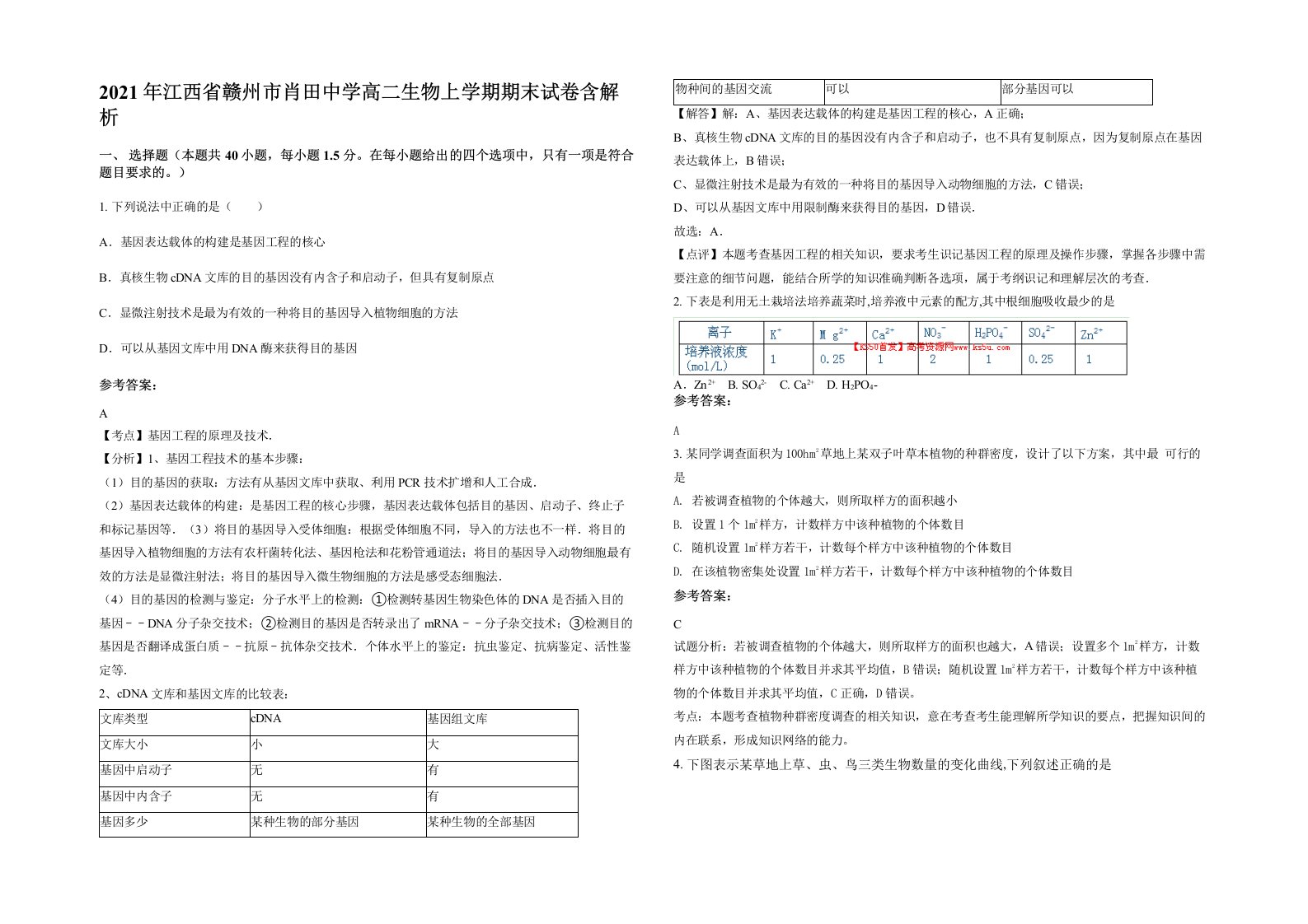 2021年江西省赣州市肖田中学高二生物上学期期末试卷含解析