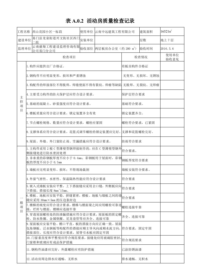 临时设施活动板房验收记录表