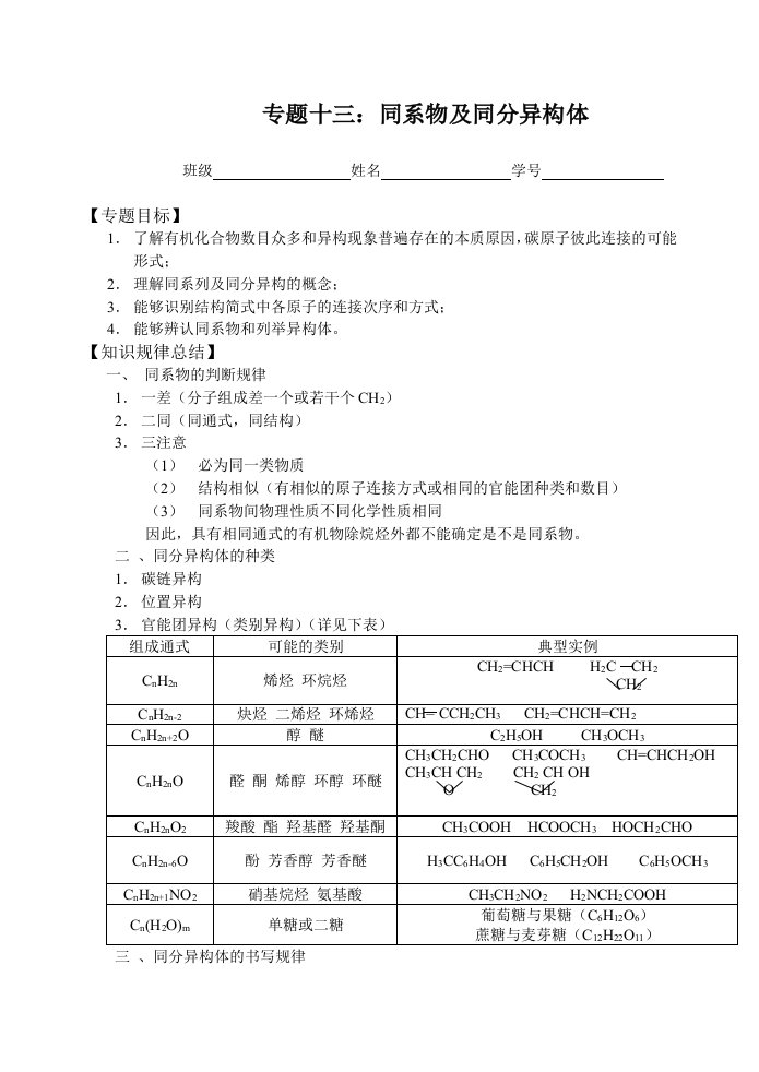 高中化学专题同系物与同分异构体