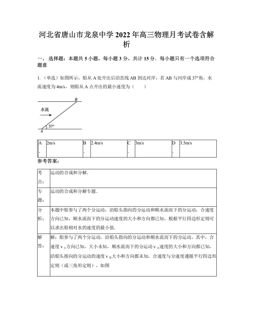 河北省唐山市龙泉中学2022年高三物理月考试卷含解析