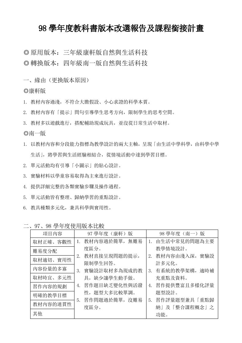 年度报告-98学年度教科书版本改选报告及课程衔接计画