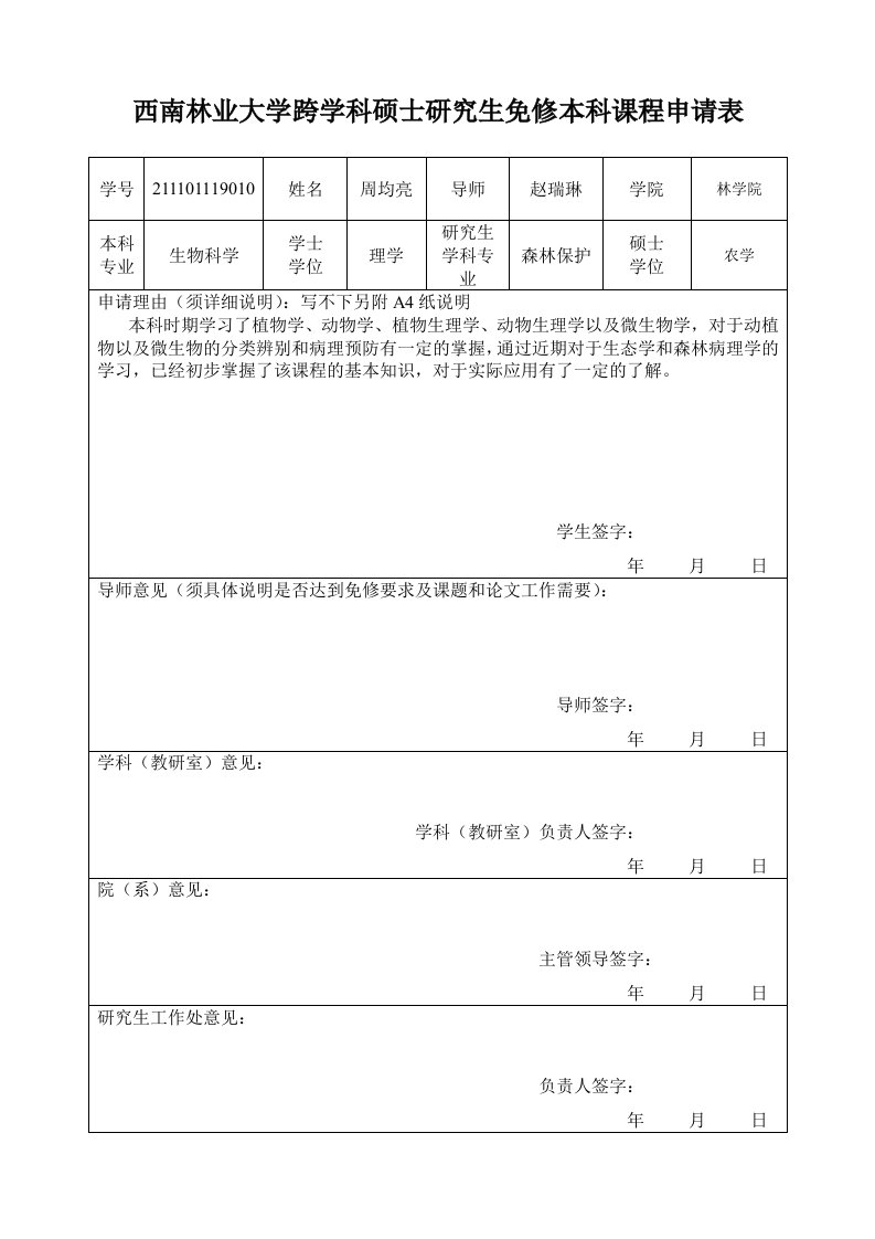 跨学科硕士研究生免修本科课程申请表