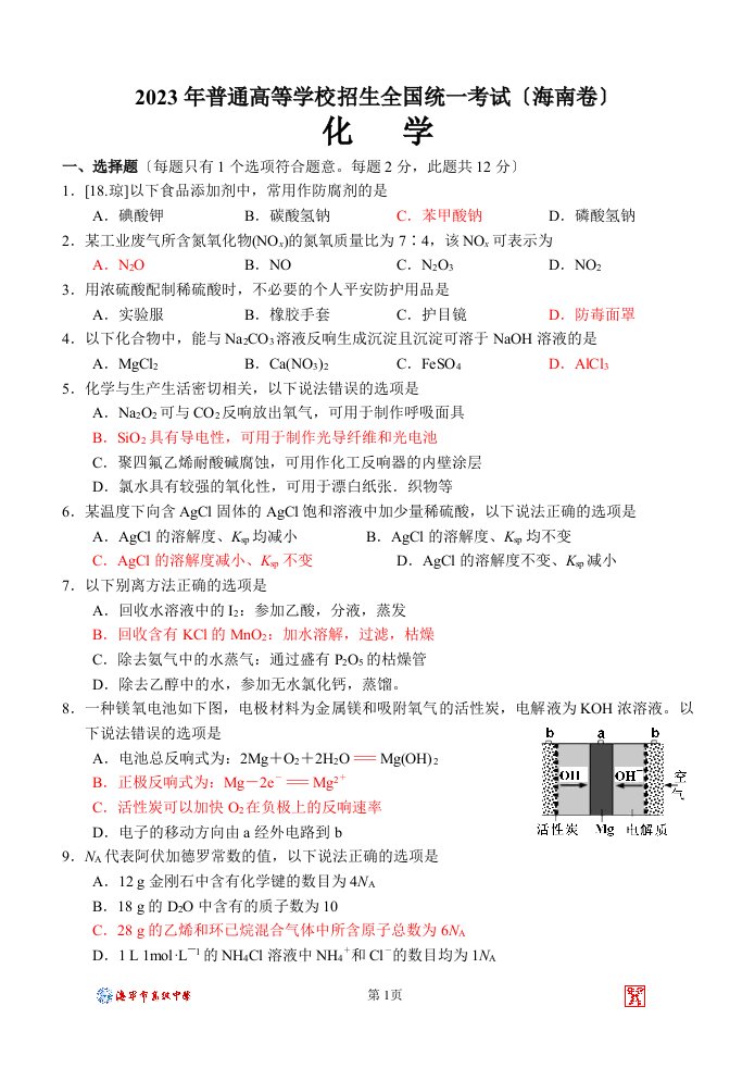 2023年高考化学(海南卷)