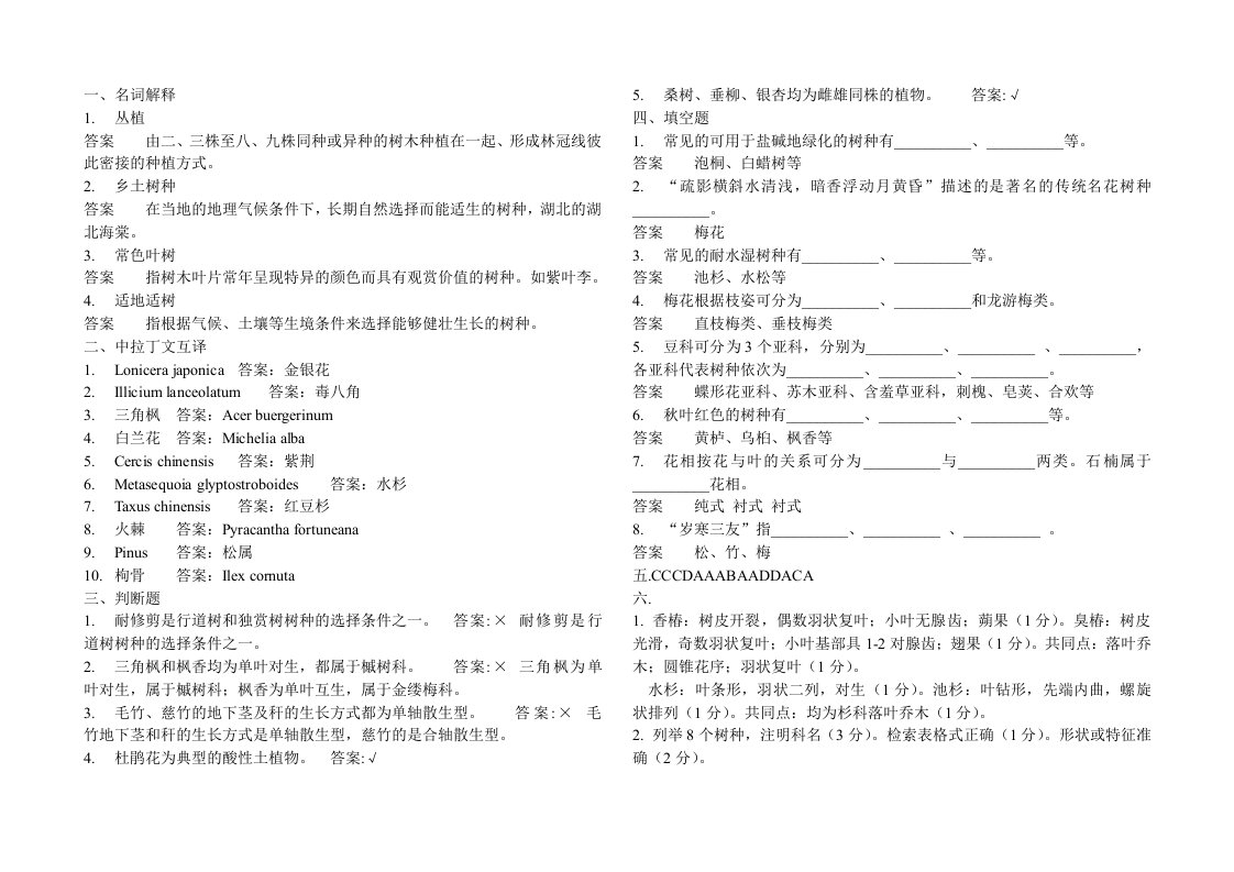 华农园林树木学四套试题(附答案)