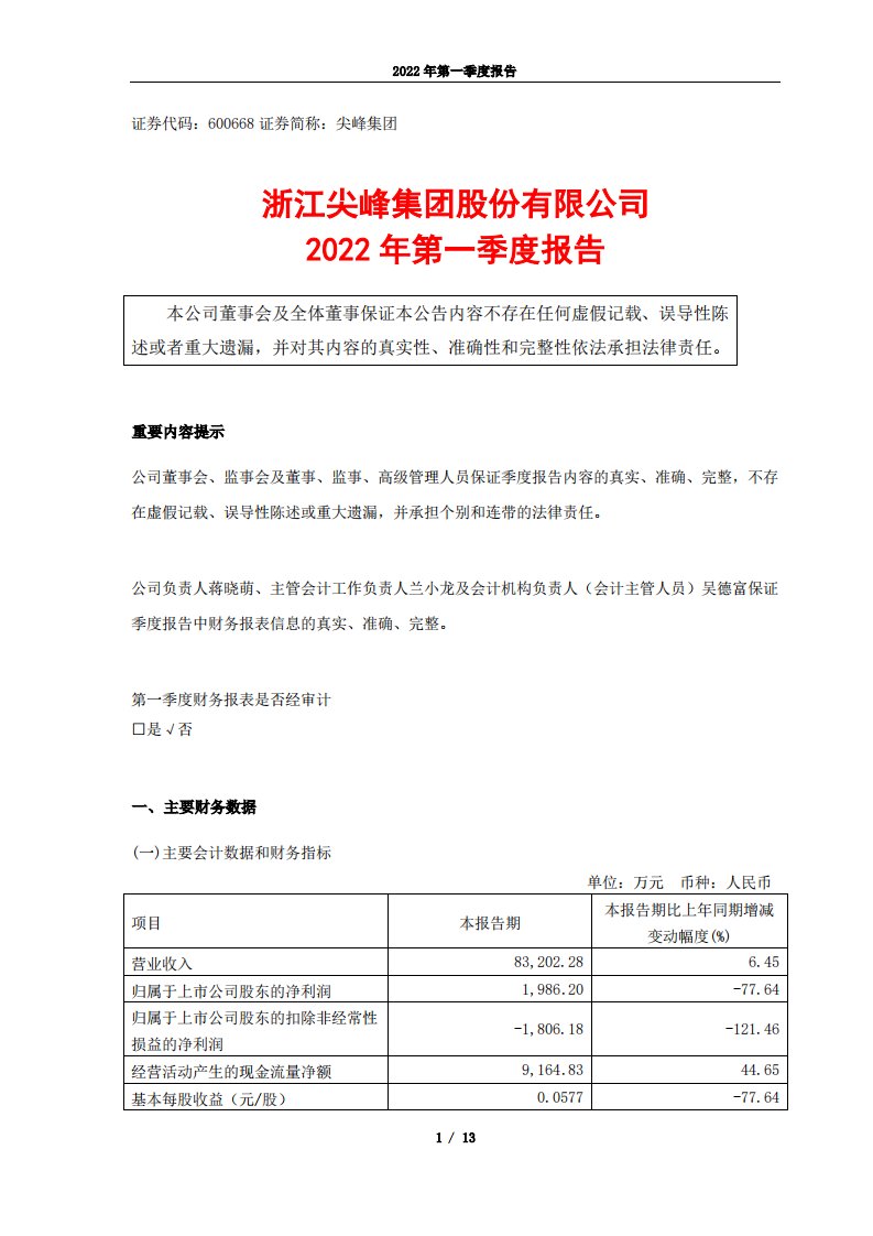 上交所-尖峰集团2022年第一季度报告-20220428