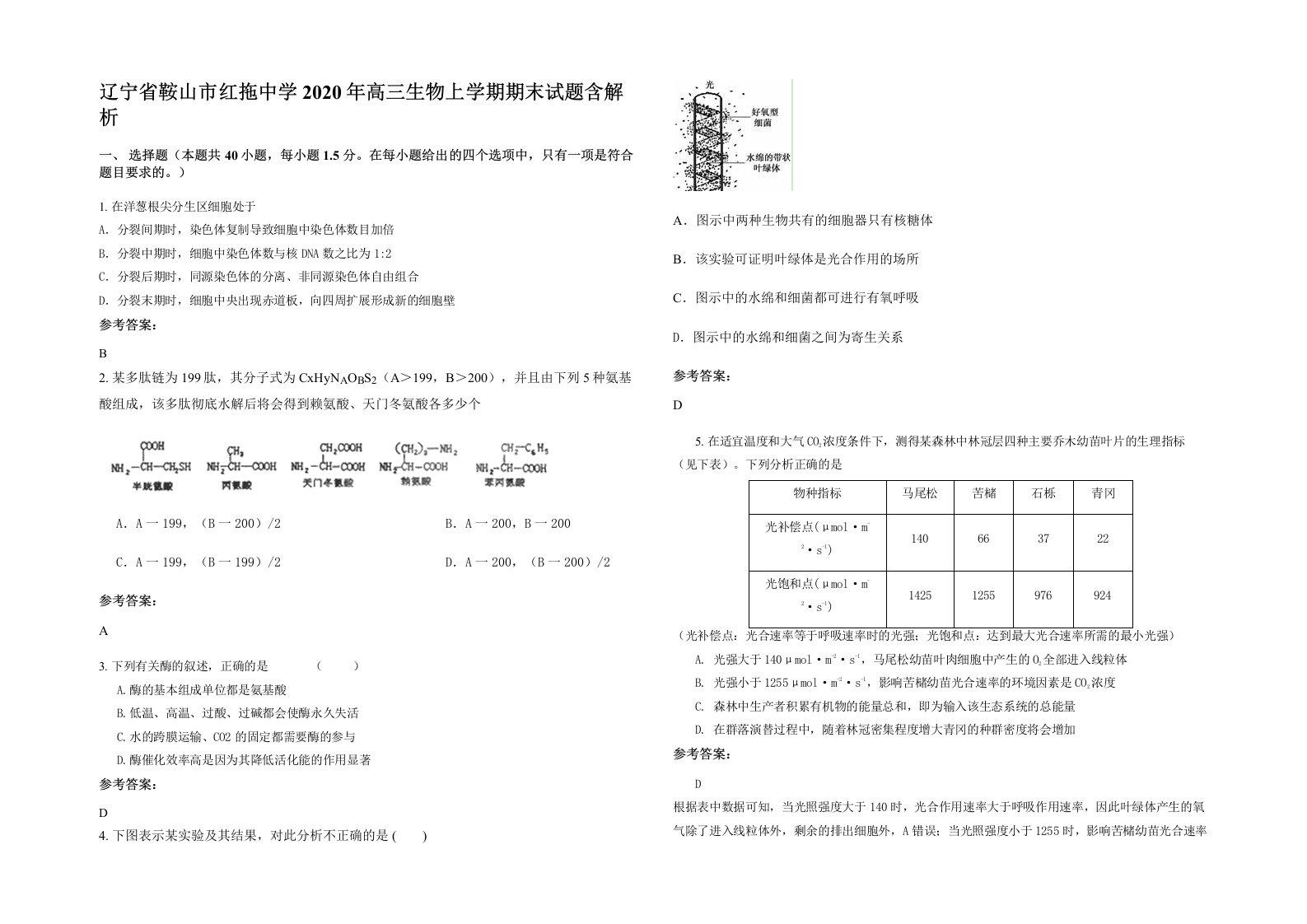 辽宁省鞍山市红拖中学2020年高三生物上学期期末试题含解析