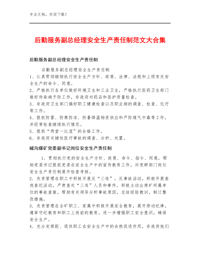 后勤服务副总经理安全生产责任制范文大合集