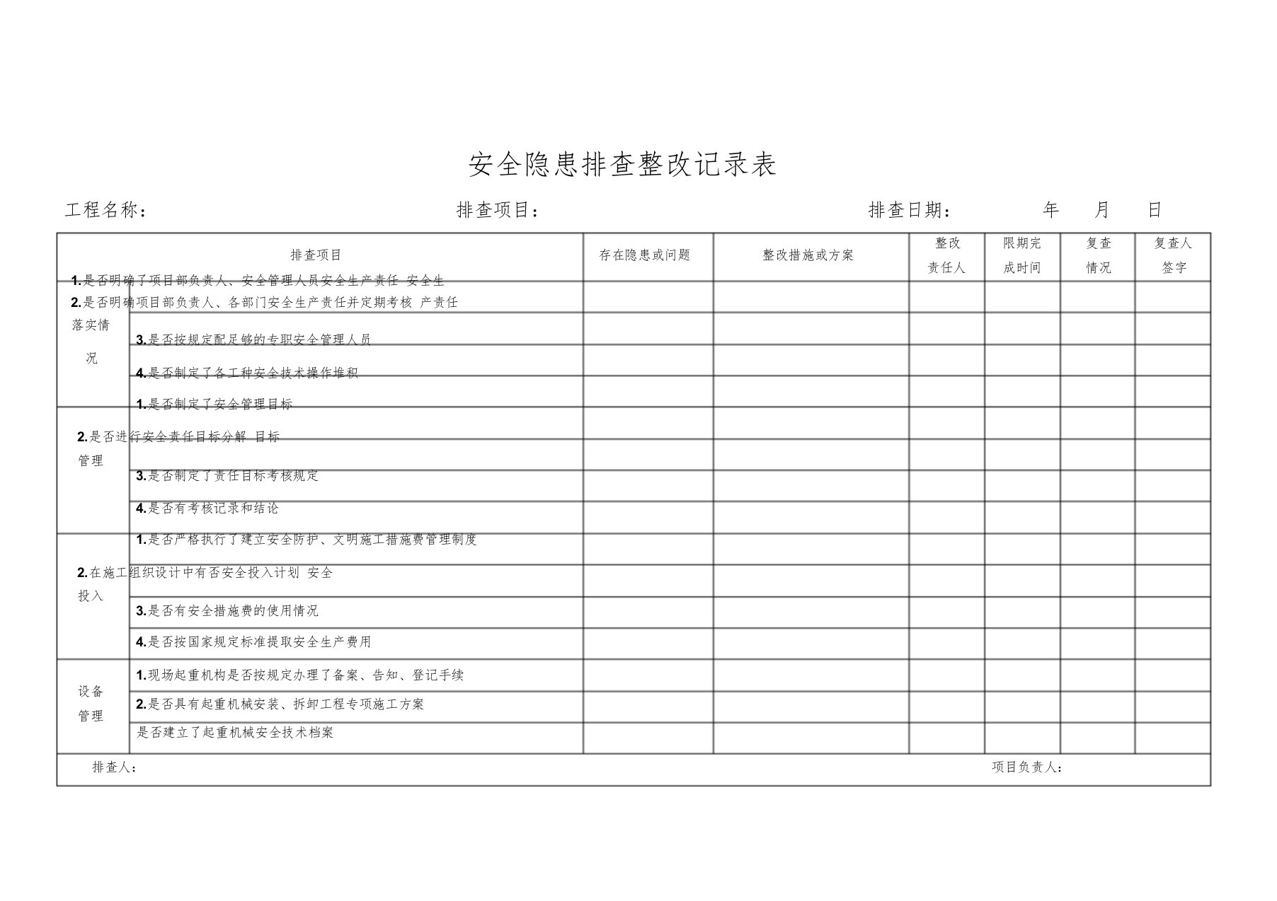 安全隐患排查整改表范本