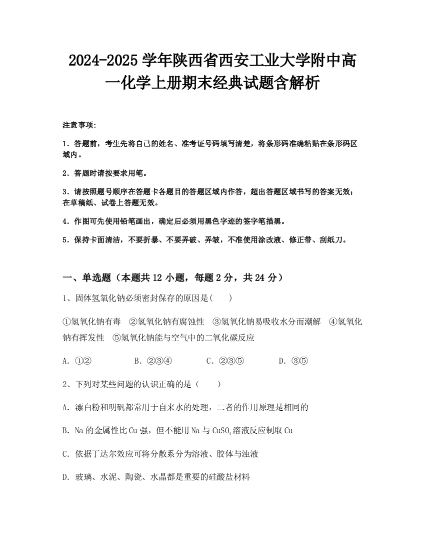 2024-2025学年陕西省西安工业大学附中高一化学上册期末经典试题含解析