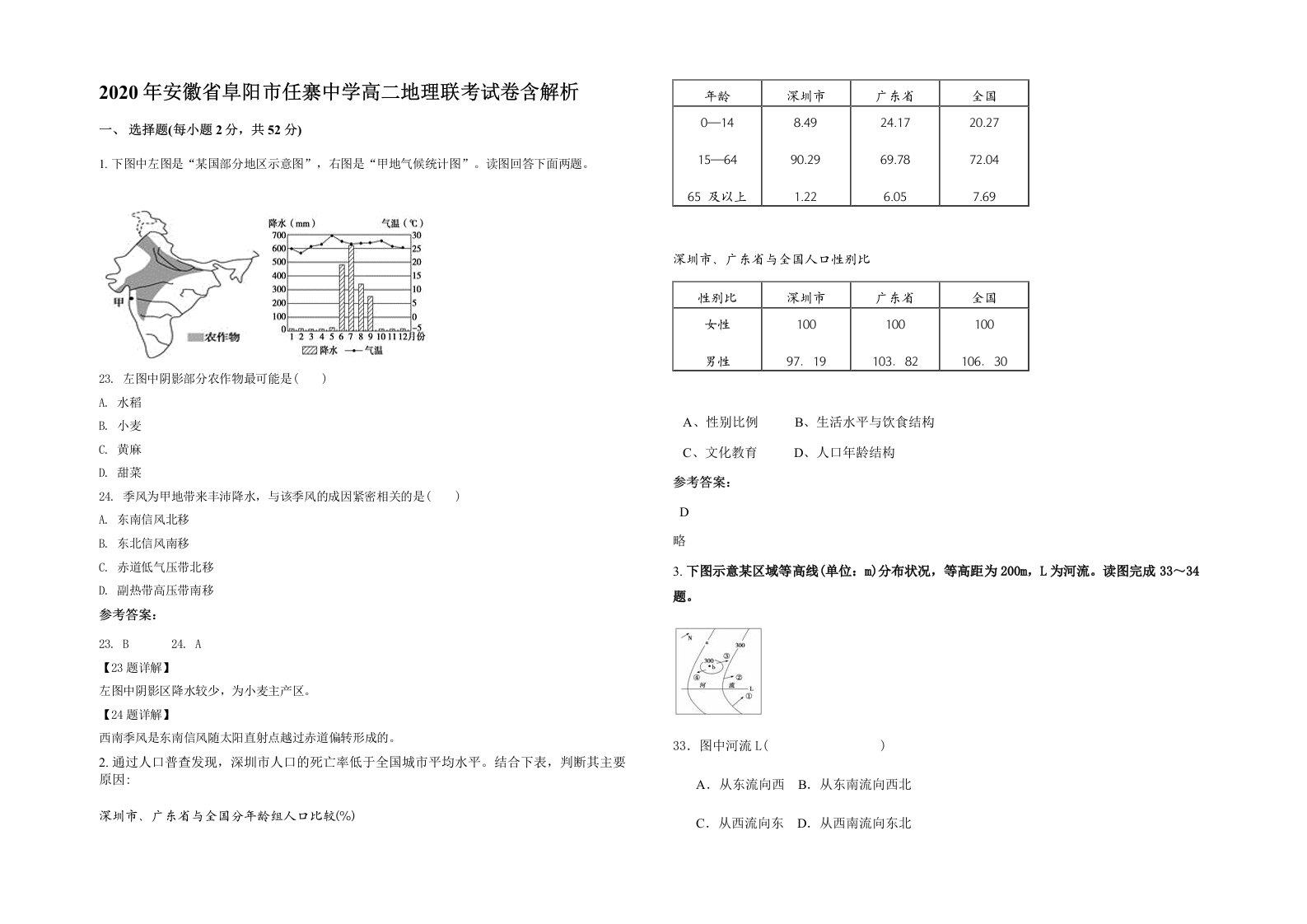 2020年安徽省阜阳市任寨中学高二地理联考试卷含解析