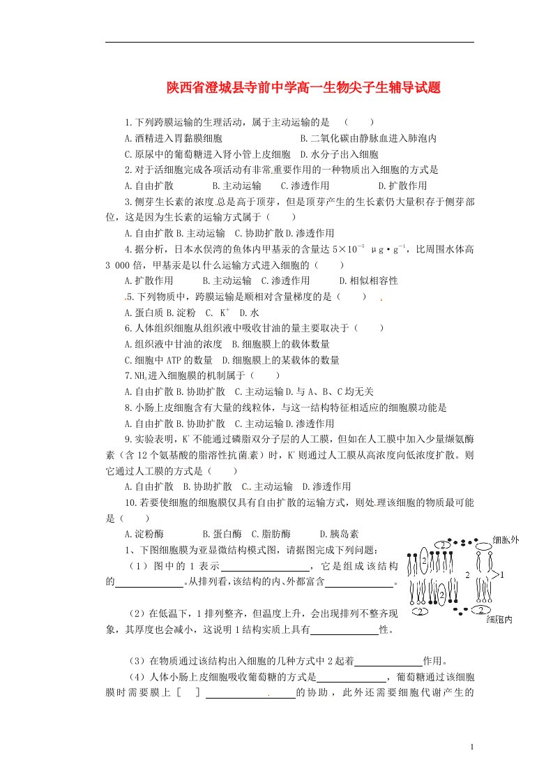 陕西省澄城县寺前中学高一生物尖子生辅导试题