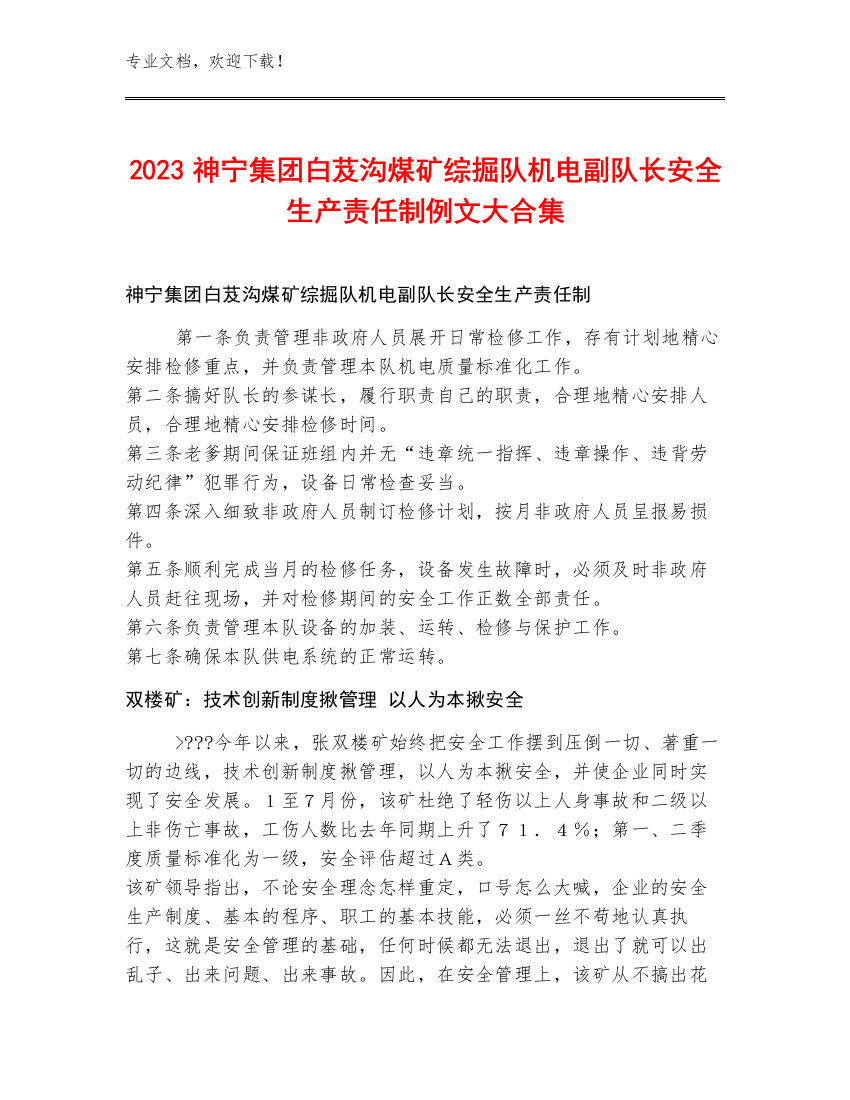 2023神宁集团白芨沟煤矿综掘队机电副队长安全生产责任制例文大合集