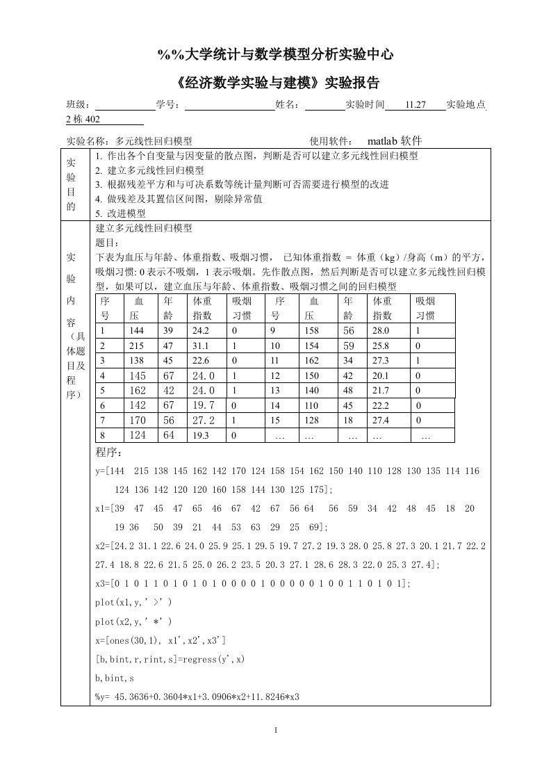 多元线性回归模型之数学建模实验报告