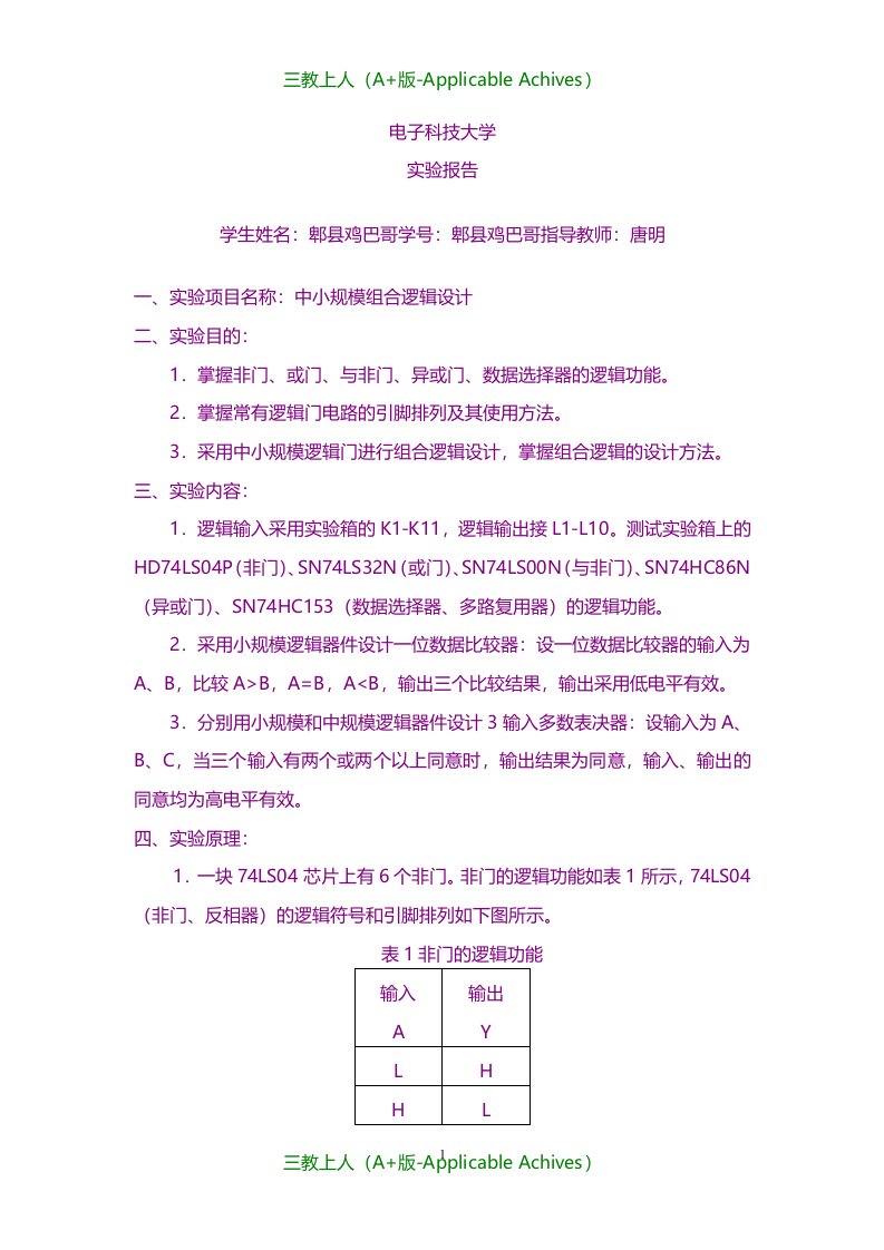 计算机网络-电子科大-计算机学院-数字逻辑实验报告-中小规模组合逻辑设计