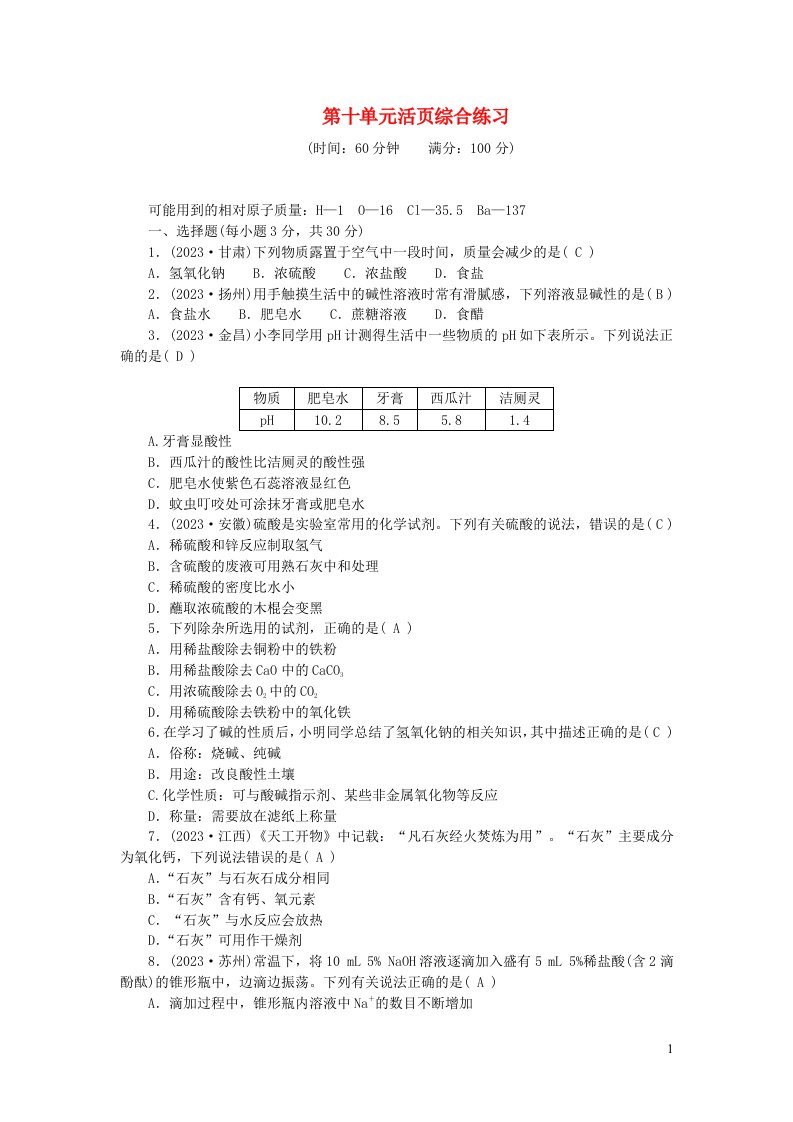 2024九年级化学下册第十单元酸和碱活页综合练习新版新人教版