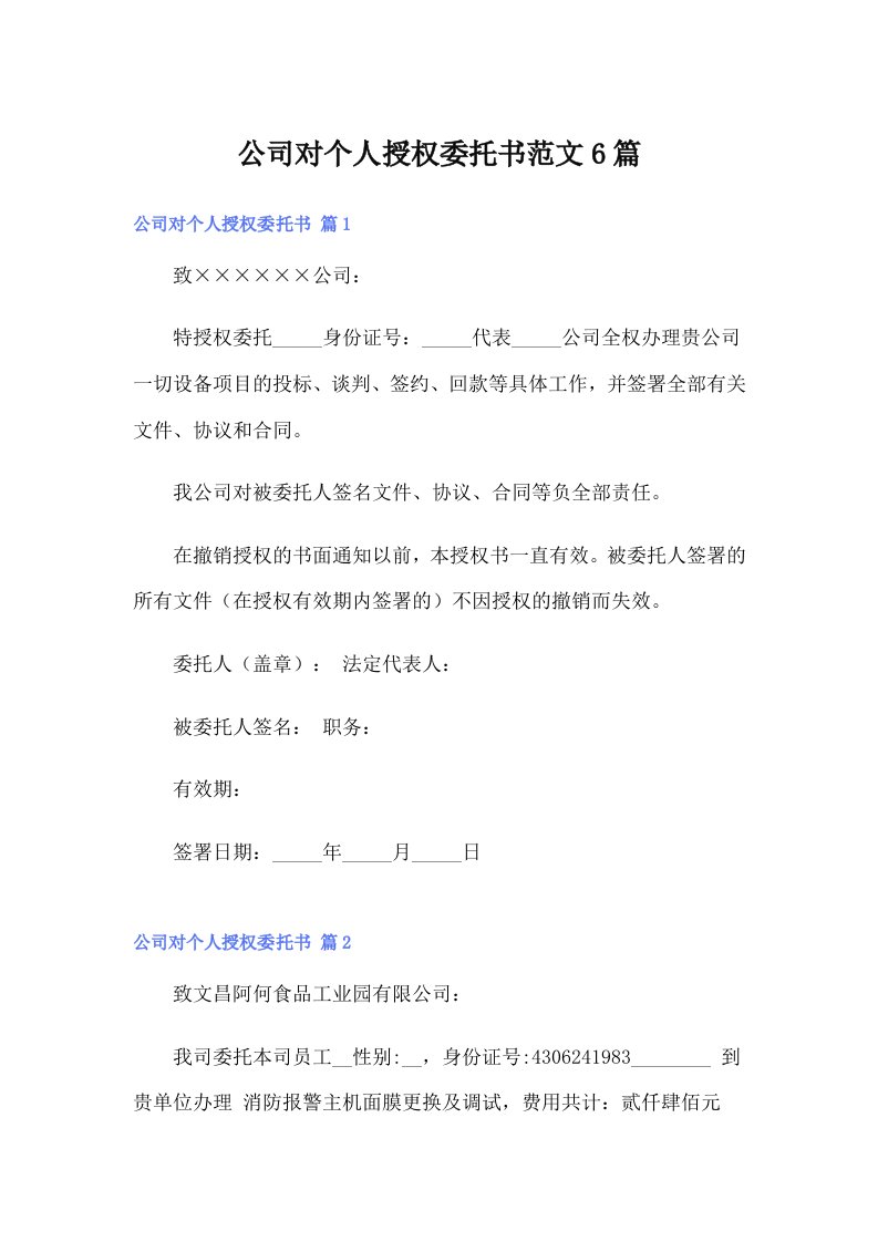 公司对个人授权委托书范文6篇