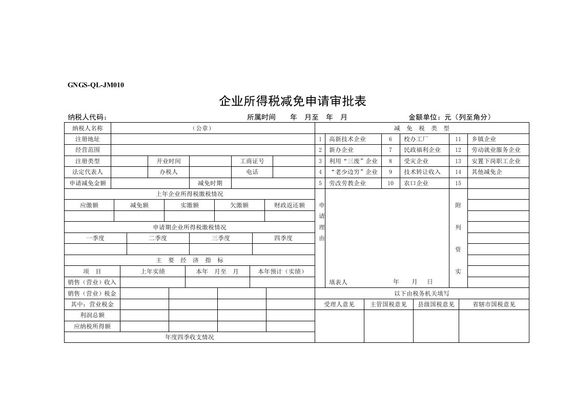 企业所得税减免申请审批表