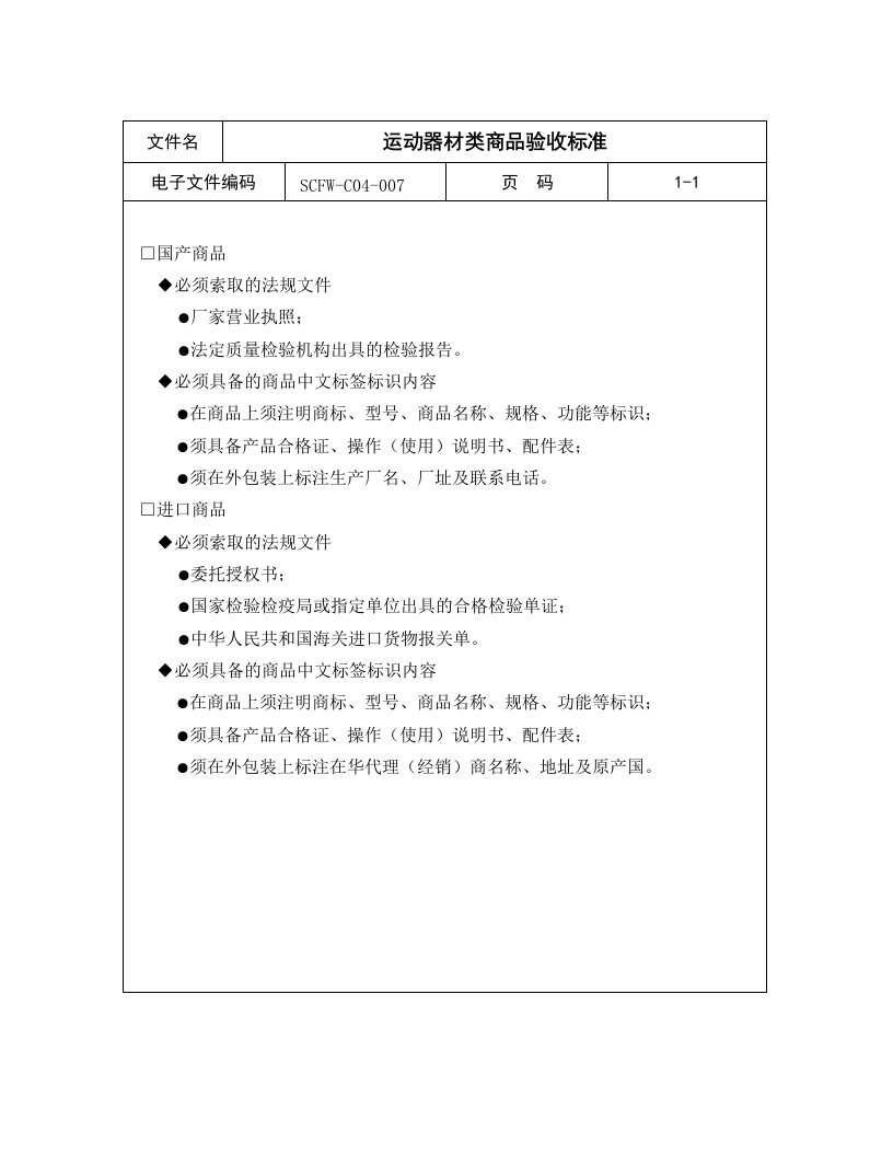 运动器材类商品验收标准