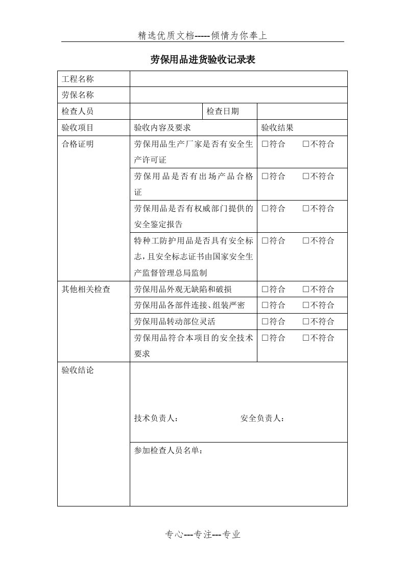 劳保用品进场验收表(共1页)