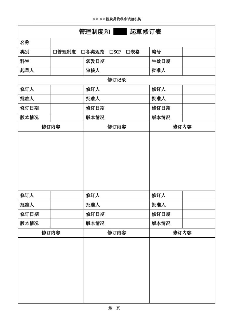 药物临床试验管理制度及SOP起草修订表