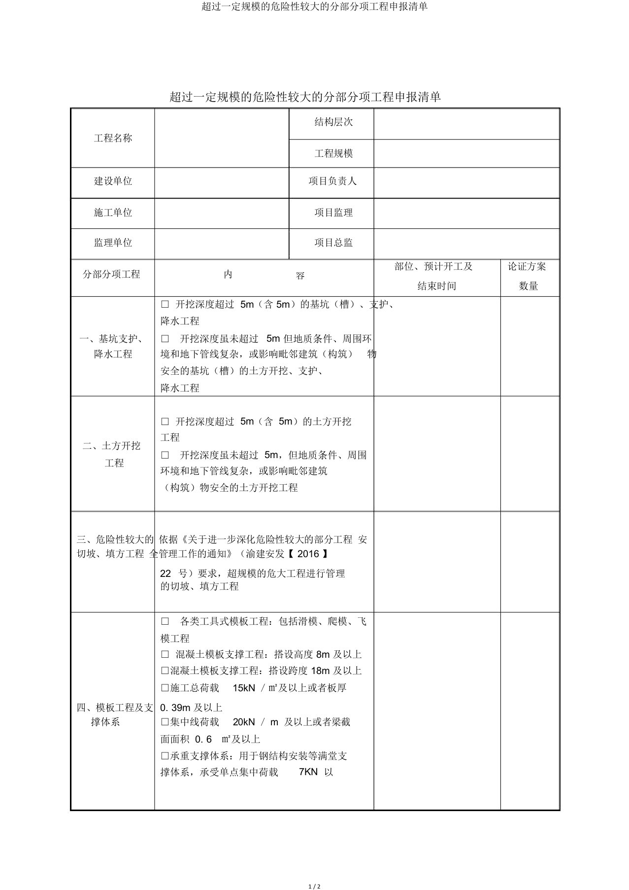 超过一定规模危险性较大分部分项工程申报清单