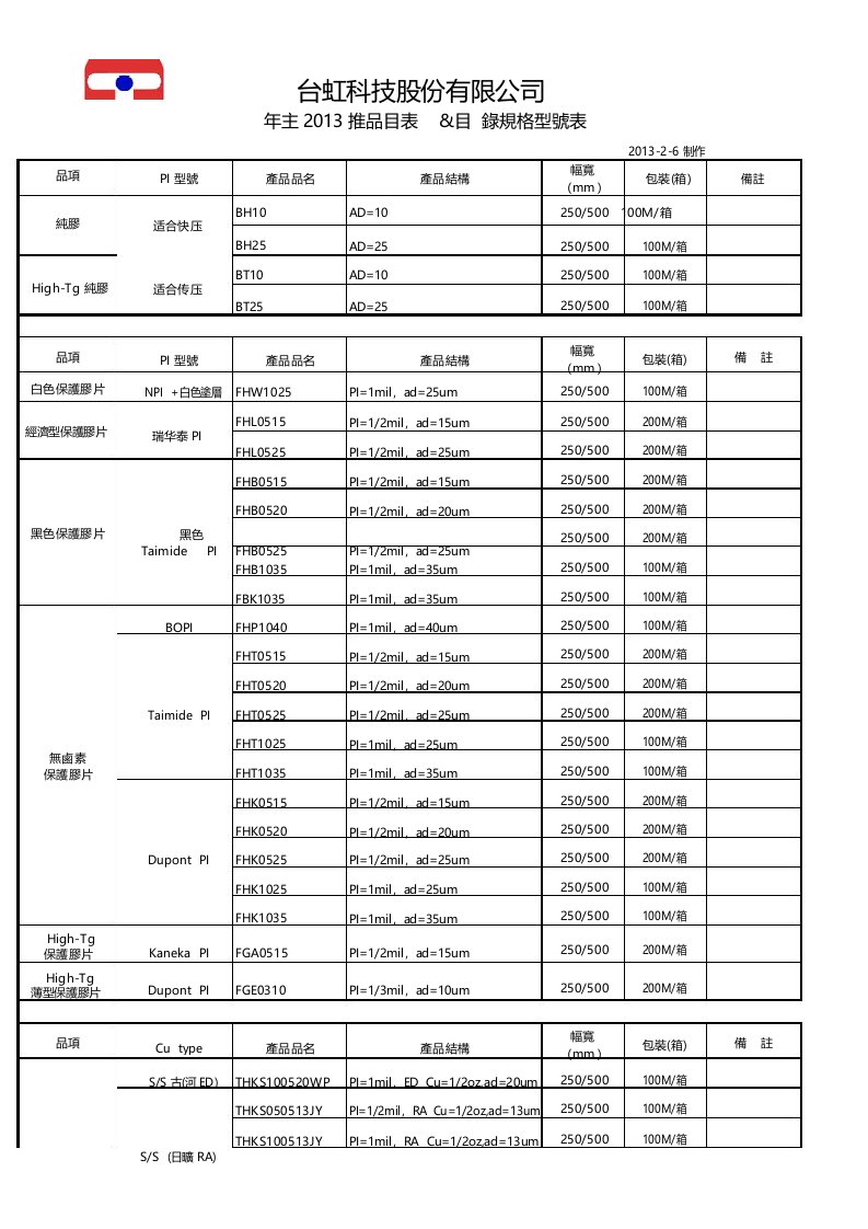 台虹常规料