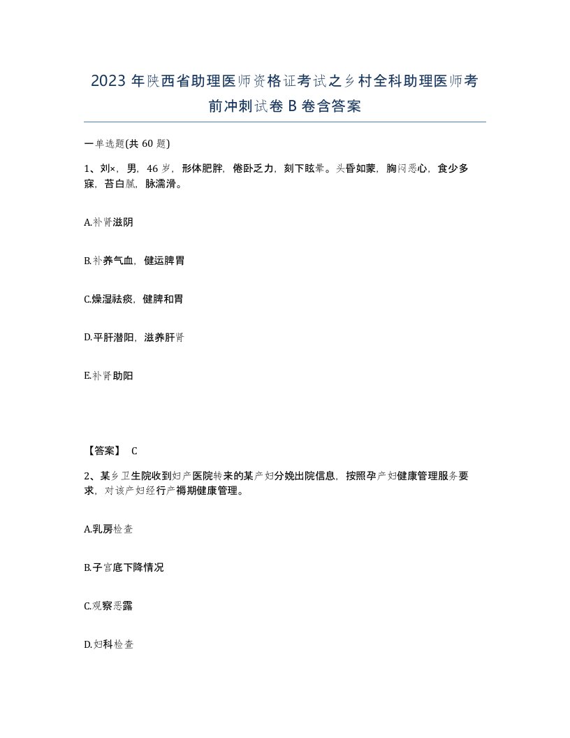 2023年陕西省助理医师资格证考试之乡村全科助理医师考前冲刺试卷B卷含答案