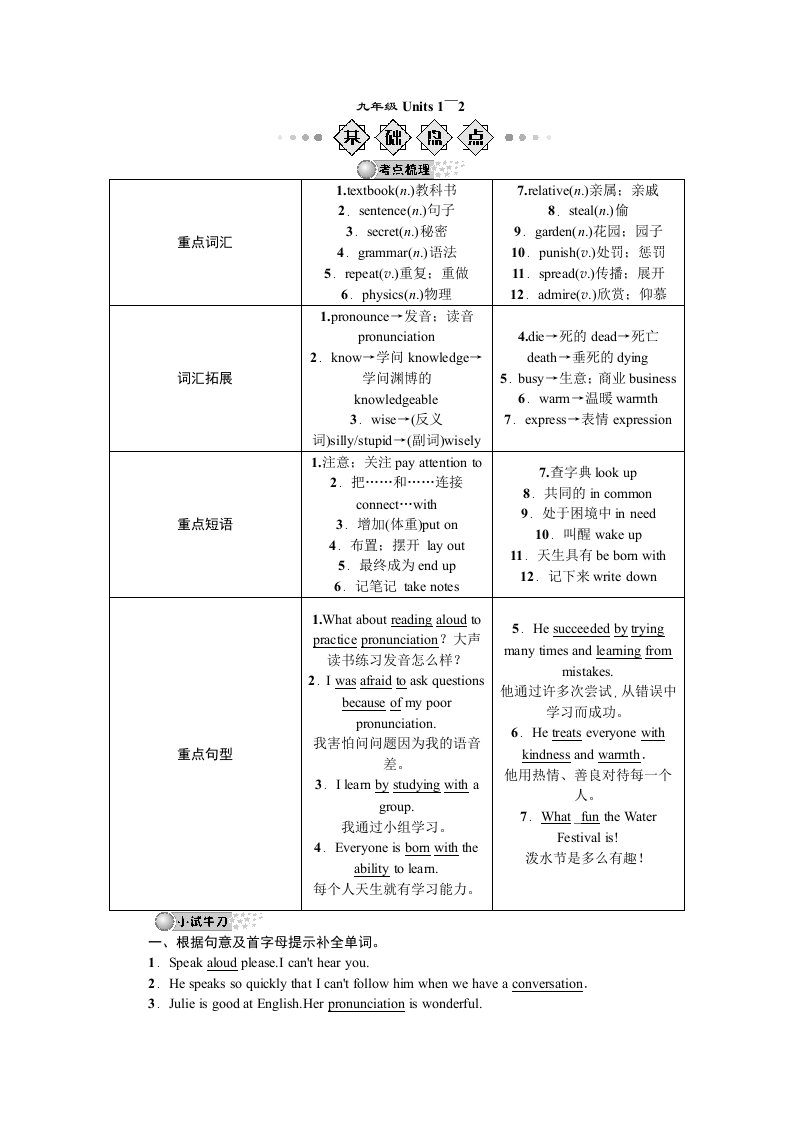 人教版九年级英语上册复习资料