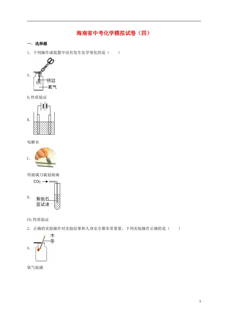 海南省中考化学模拟试题（四）（含解析）